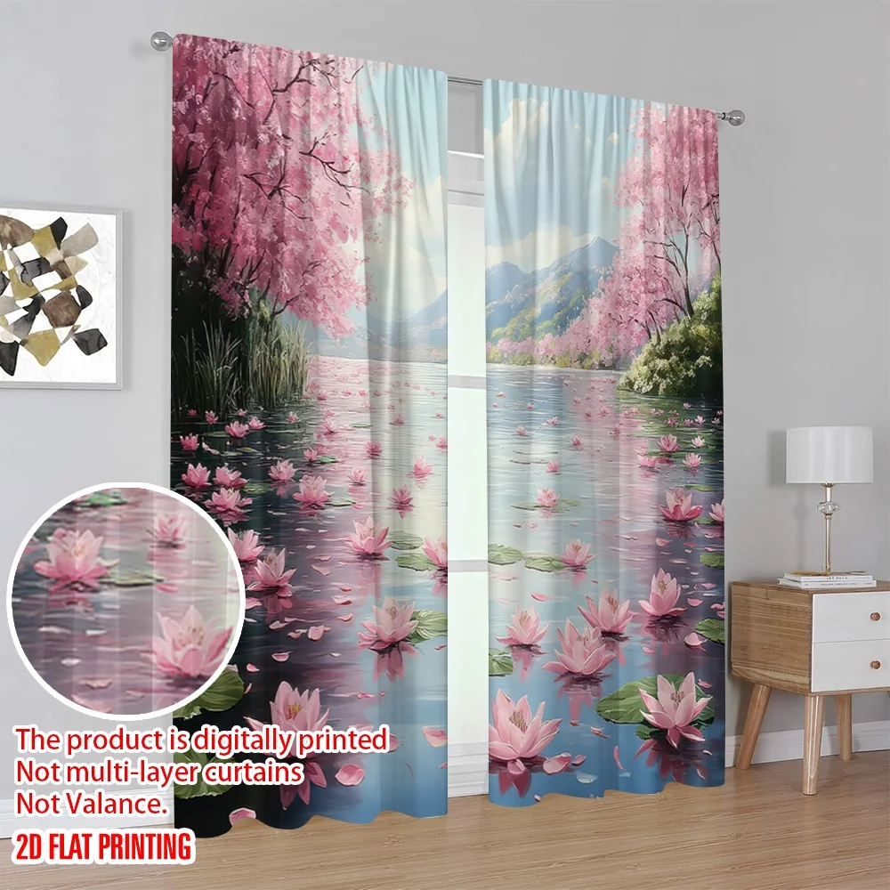 2pcs 2D flat printing Window Treatment Curtains Blossom Water Lily Landscape Nature Polyester Without Electricity Party thumbnail 4