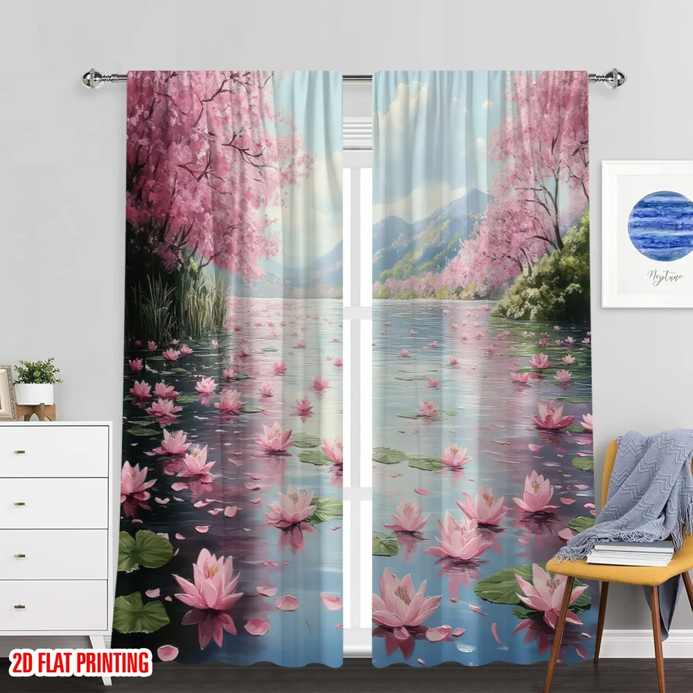 2pcs 2D flat printing Window Treatment Curtains Blossom Water Lily Landscape Nature Polyester Without Electricity Party thumbnail 6