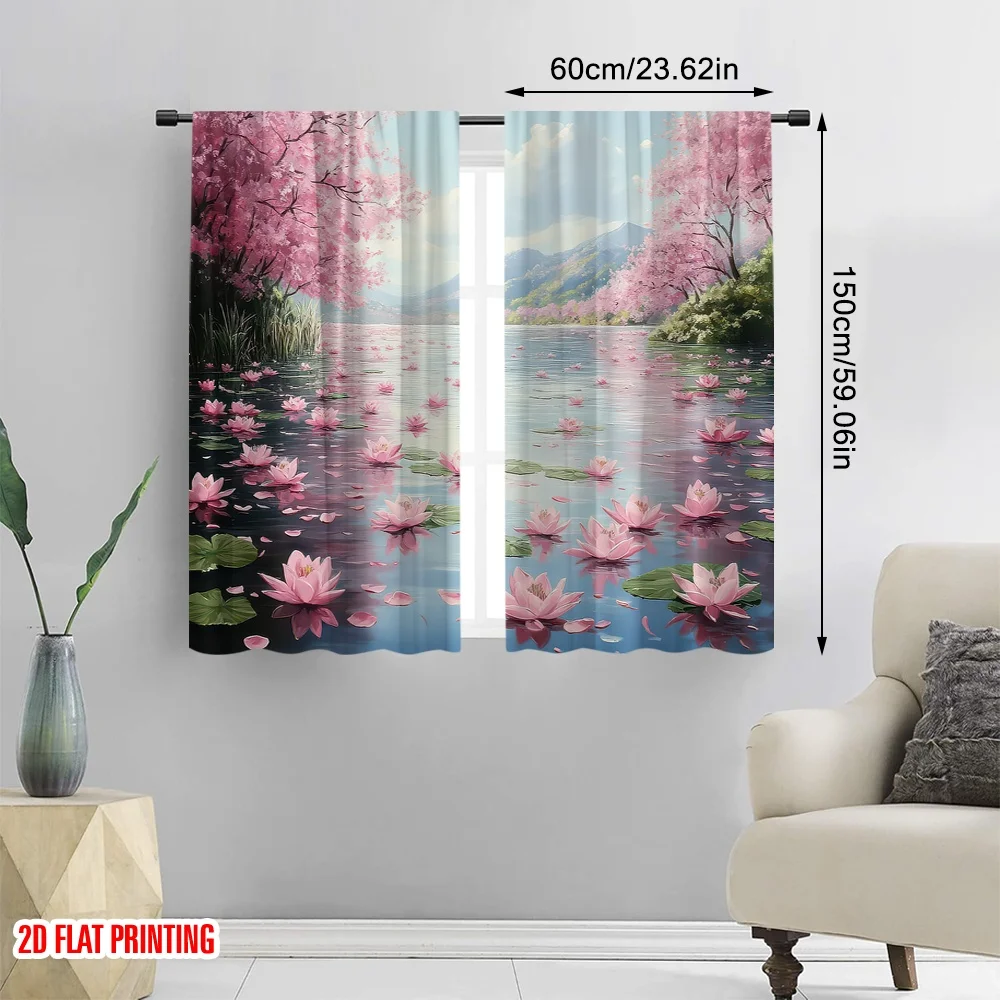 2pcs 2D flat printing Window Treatment Curtains Blossom Water Lily Landscape Nature Polyester Without Electricity Party thumbnail 2