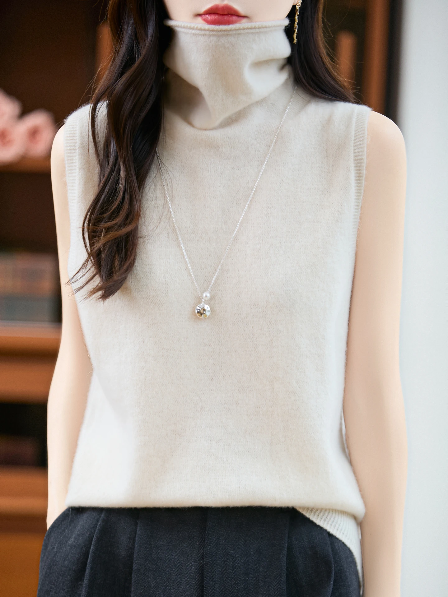 Basic Women 100% Merino Wool Fashion Turtleneck Straps Sleeveless Sweater Pullover Cashmere Soft Underwear Vest Clothing Top thumbnail 4