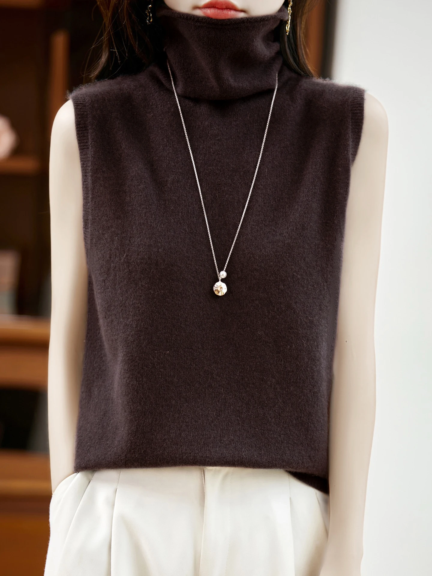 Basic Women 100% Merino Wool Fashion Turtleneck Straps Sleeveless Sweater Pullover Cashmere Soft Underwear Vest Clothing Top thumbnail 6