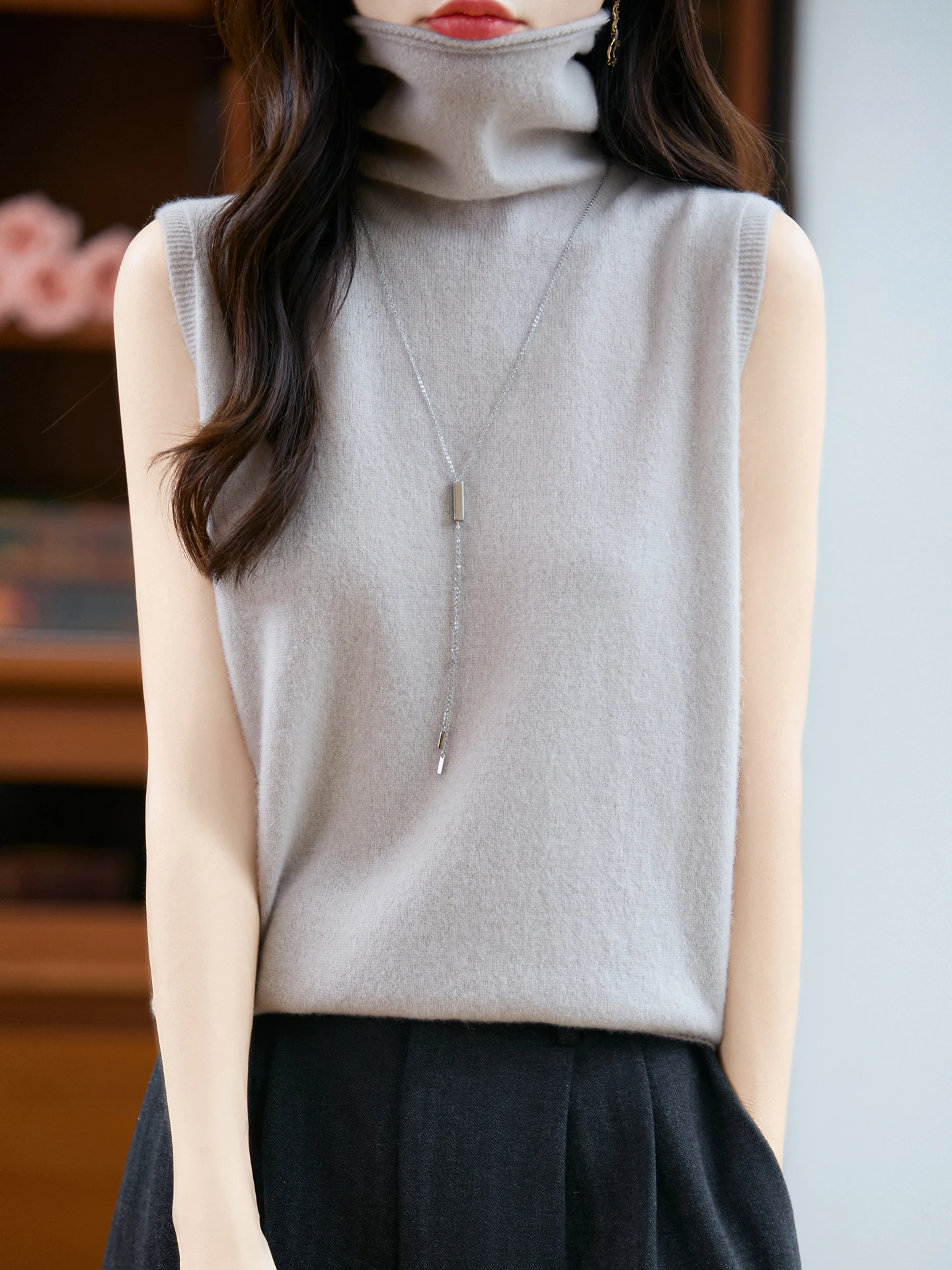 Basic Women 100% Merino Wool Fashion Turtleneck Straps Sleeveless Sweater Pullover Cashmere Soft Underwear Vest Clothing Top thumbnail 3