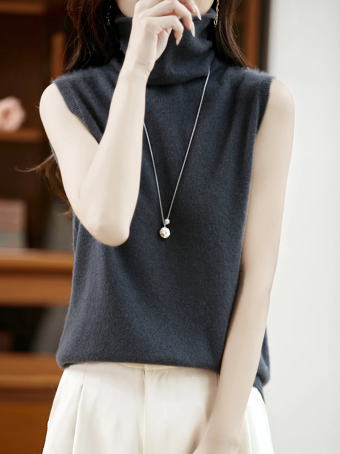 Basic Women 100% Merino Wool Fashion Turtleneck Straps Sleeveless Sweater Pullover Cashmere Soft Underwear Vest Clothing Top thumbnail 5
