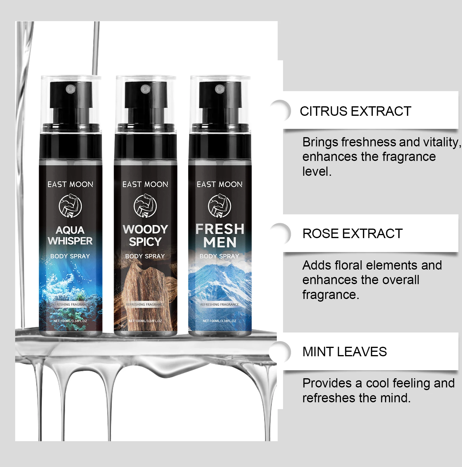 East Moon Sandalwood Men's Fragrance Spray Long Lasting Refreshing Aroma Reduce Sweat Odor Remove Underarm Adult Deodorant Spray thumbnail 3