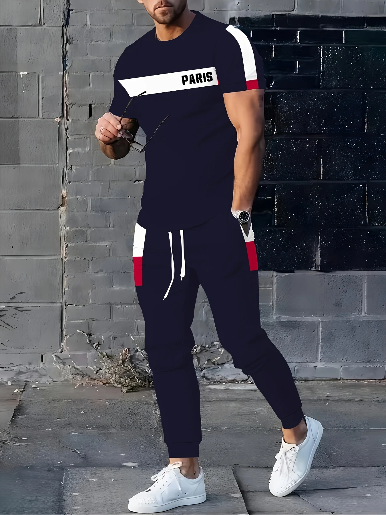 Summer New Men's Stripe Printed Soft, Comfortable, Breathable Round Neck T-shirt Pants Set Outdoor High Street Two Piece Set thumbnail 2