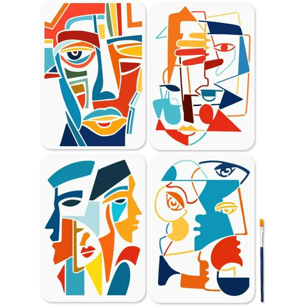 4Pcs A4 Size Abstract Faces Paterrn Stencil Grotesque Geometric Face Art Stencils 11.7×8.3inch with Paint Brush Reusable Crafts