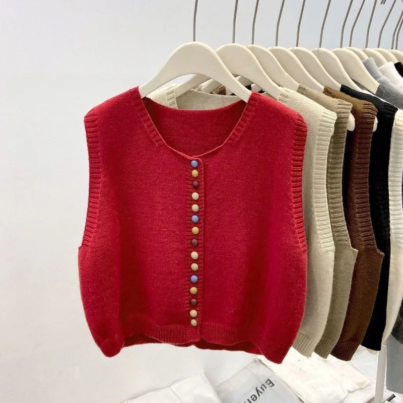 Sweater Vest Autumn Women Rainbow Single-breasted Button Soft Sweater Loose Knit Vest V-neck Knitwear Cardigan Lady Waistcoats thumbnail 4