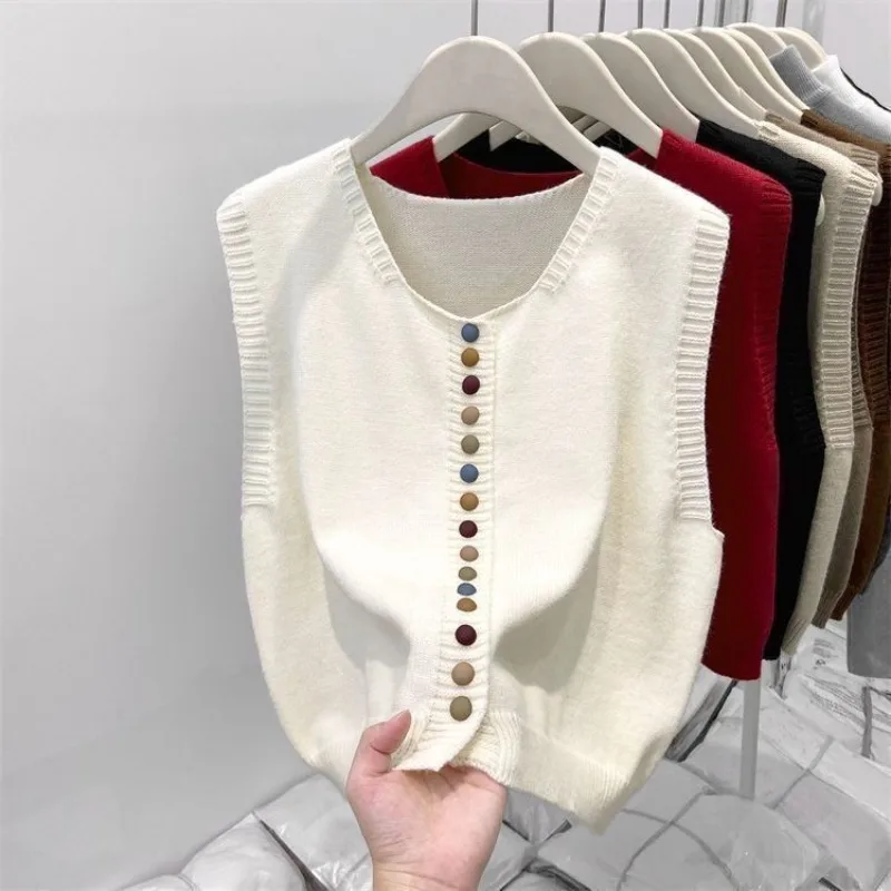 Sweater Vest Autumn Women Rainbow Single-breasted Button Soft Sweater Loose Knit Vest V-neck Knitwear Cardigan Lady Waistcoats thumbnail 3