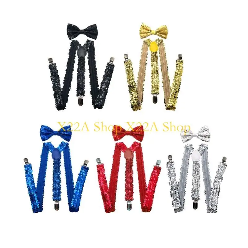 Unique Shining Suspenders Bowtie Set Sequins Brace with Adjustable Straps and Metal Clip for Formal Occasion Stage Show Props thumbnail 5
