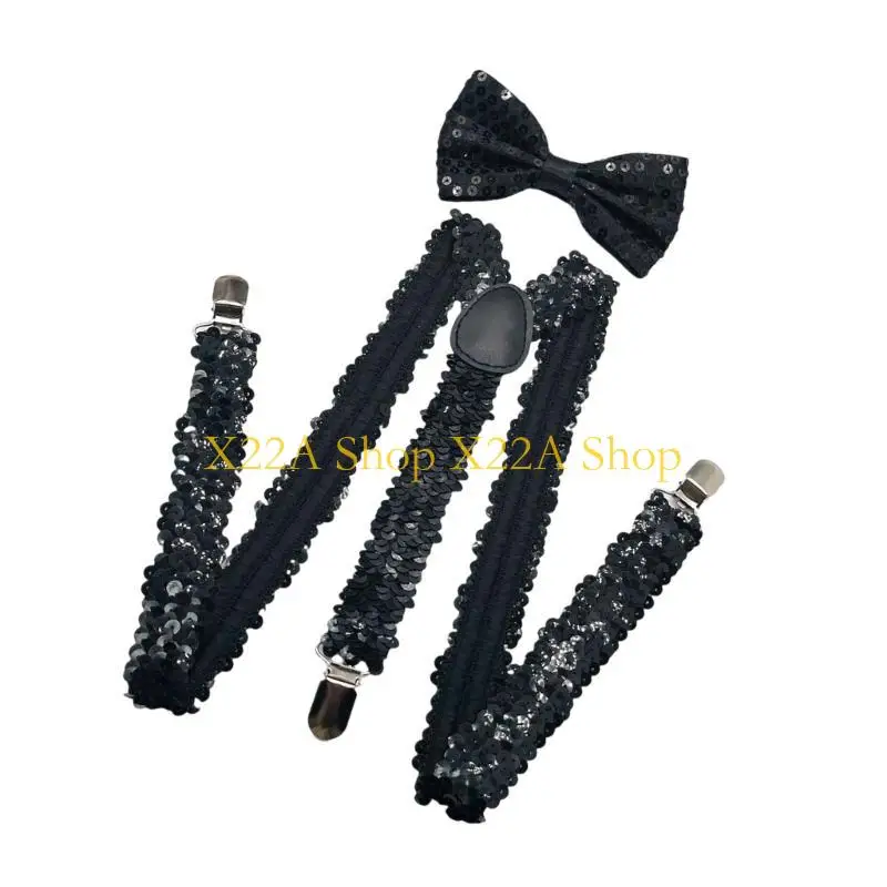 Unique Shining Suspenders Bowtie Set Sequins Brace with Adjustable Straps and Metal Clip for Formal Occasion Stage Show Props thumbnail 2