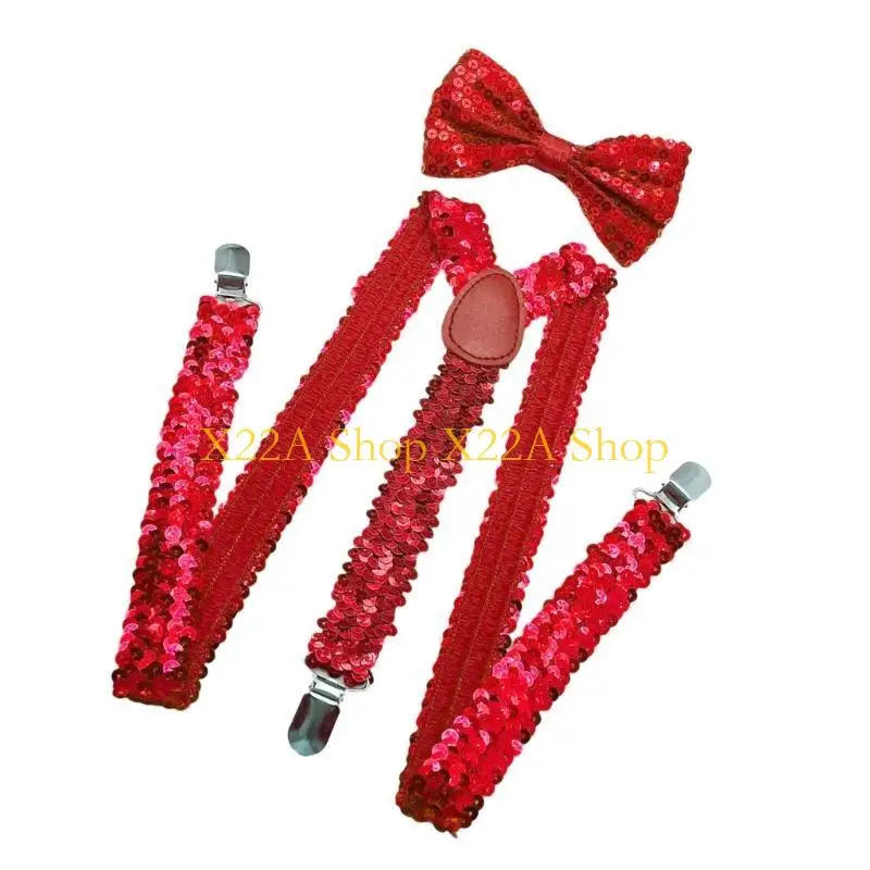Unique Shining Suspenders Bowtie Set Sequins Brace with Adjustable Straps and Metal Clip for Formal Occasion Stage Show Props thumbnail 3