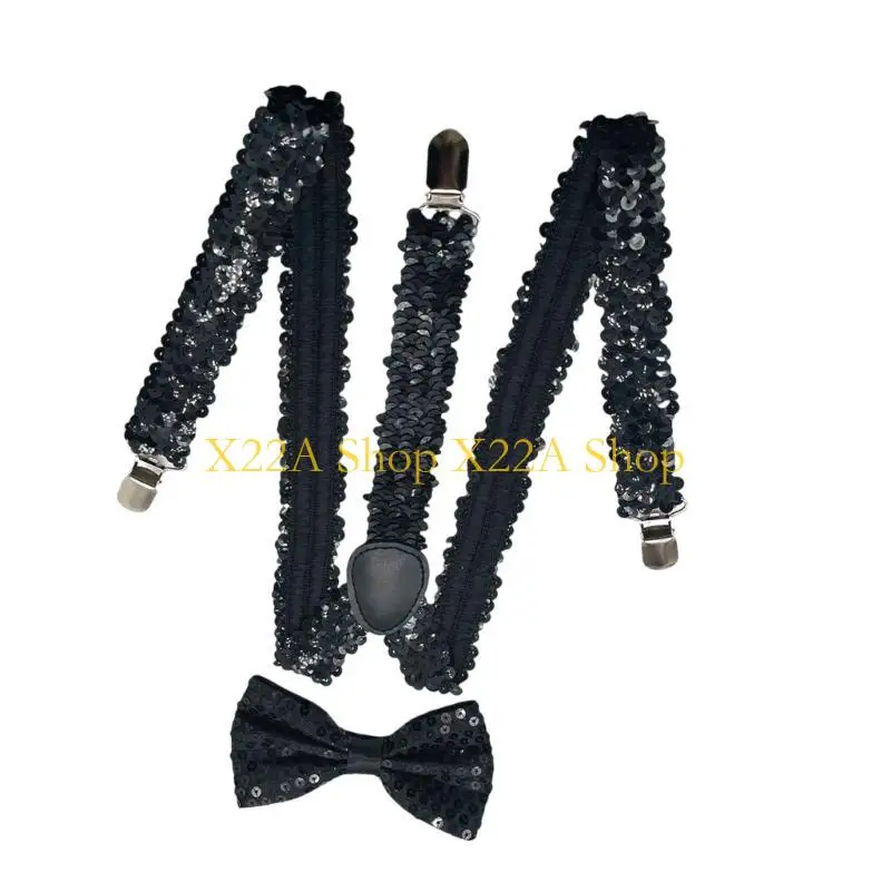 Unique Shining Suspenders Bowtie Set Sequins Brace with Adjustable Straps and Metal Clip for Formal Occasion Stage Show Props thumbnail 4