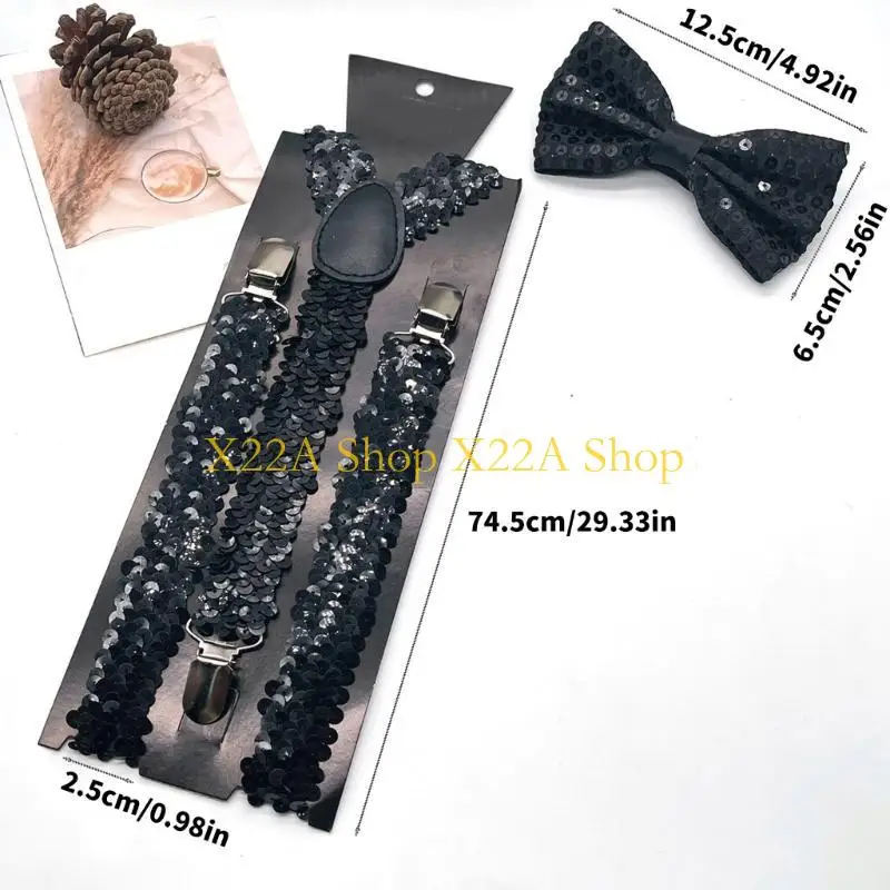 Unique Shining Suspenders Bowtie Set Sequins Brace with Adjustable Straps and Metal Clip for Formal Occasion Stage Show Props thumbnail 6