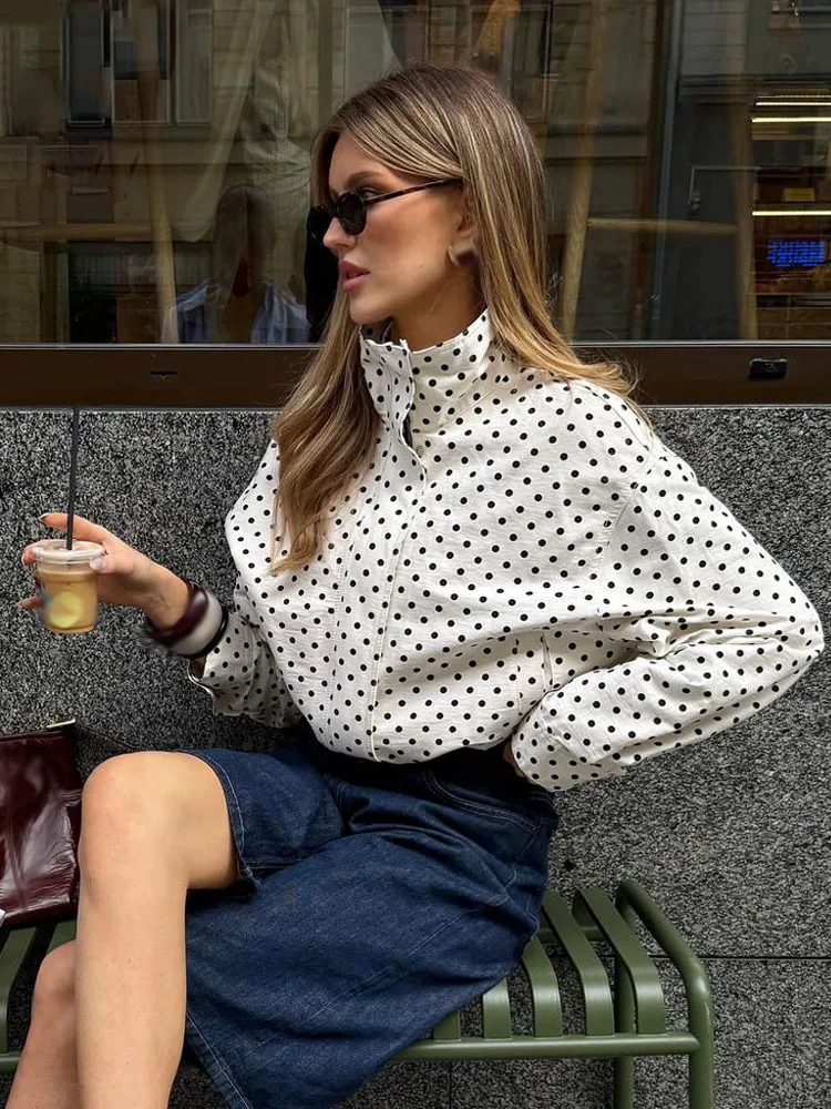 HH Woman Autumn Long Sleeves Turtleneck Zipper With Pockets Drawstring Casual Coats Women Fashion Polka Dot Printed Jacket thumbnail 5