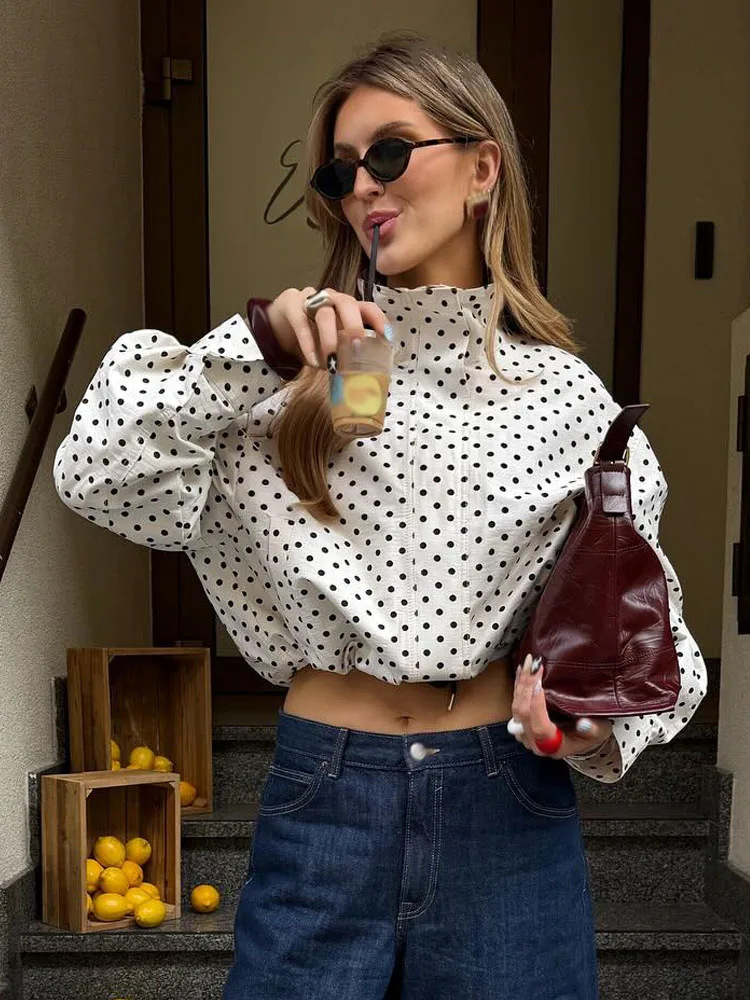 HH Woman Autumn Long Sleeves Turtleneck Zipper With Pockets Drawstring Casual Coats Women Fashion Polka Dot Printed Jacket thumbnail 4