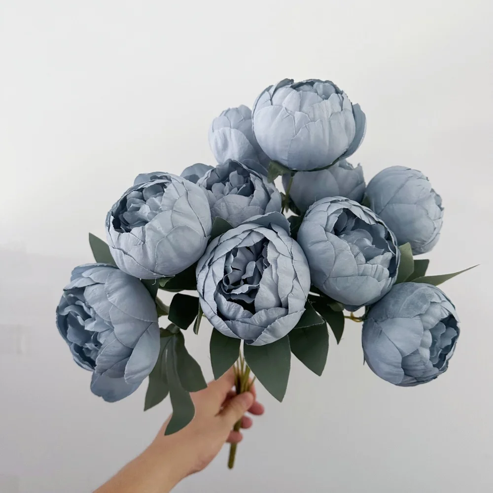 10 Heads Silk Peony Bouquet Blue Artificial Flower Wedding Home Bridal Bouquet Fake Peony For Arched Living Room Desktop Decor thumbnail 2