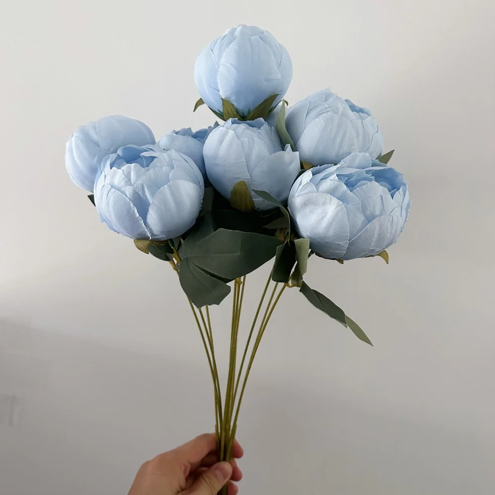 10 Heads Silk Peony Bouquet Blue Artificial Flower Wedding Home Bridal Bouquet Fake Peony For Arched Living Room Desktop Decor thumbnail 3