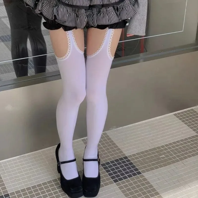 Women Suspender Wide-banded Velvet Tights Lolita Thin Thigh High Stockings with Garters Y2K JK College Style Over The Knee Socks thumbnail 6