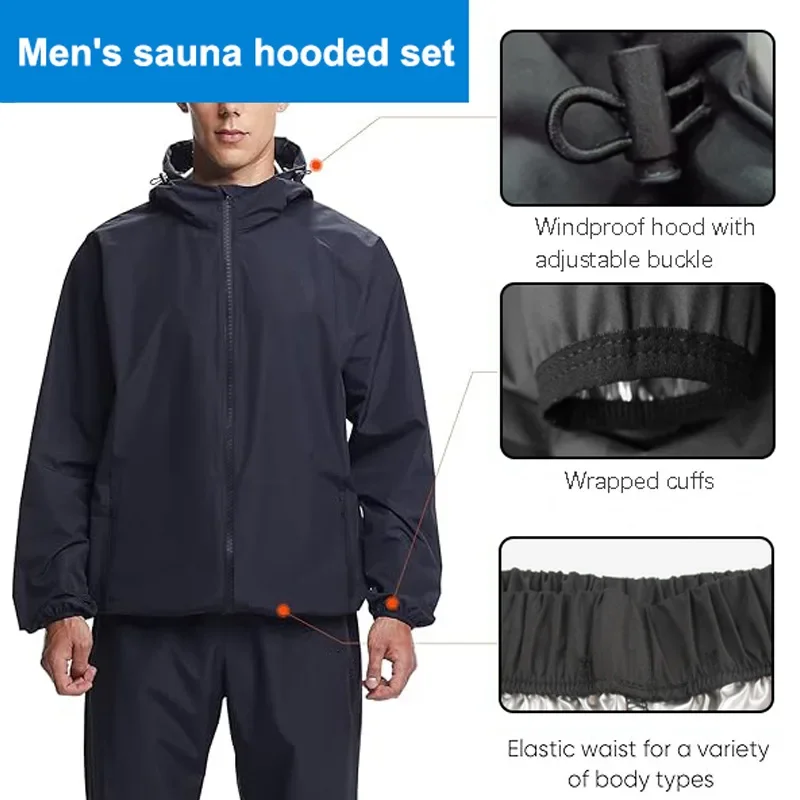 Men's Fitness Sweat-Inducing Jacket Anti-Windbreaker Hooded Sauna Sportswear Set Large Size Men's Explosive Sweat Clothing thumbnail 3