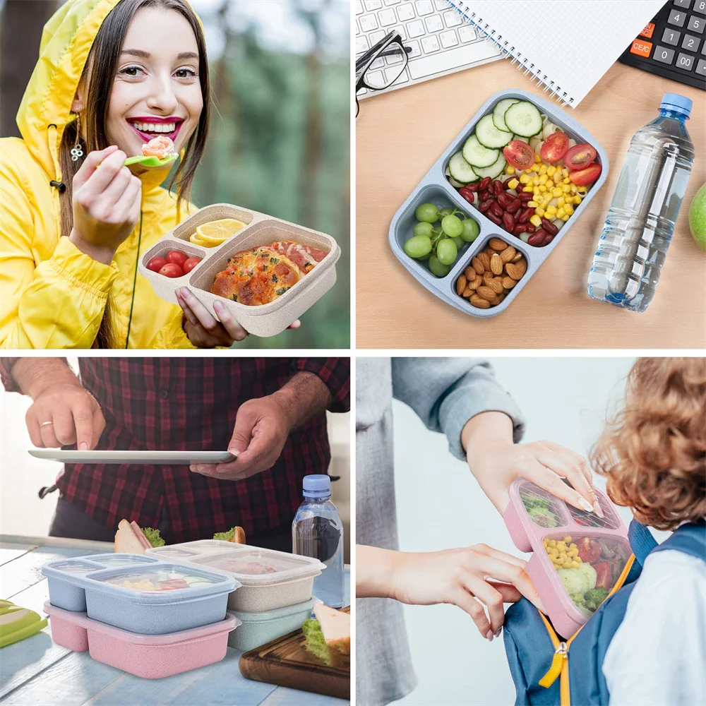 1/4pack Bento Lunch Box Set 3 Compartment Food Storage Containers Wheat Straw Meal Prep Lunch Box Plastic Food Storage Container thumbnail 4