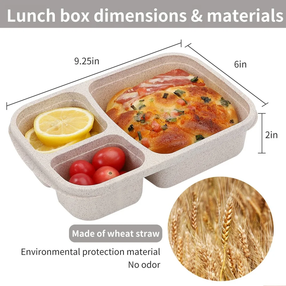 1/4pack Bento Lunch Box Set 3 Compartment Food Storage Containers Wheat Straw Meal Prep Lunch Box Plastic Food Storage Container thumbnail 5