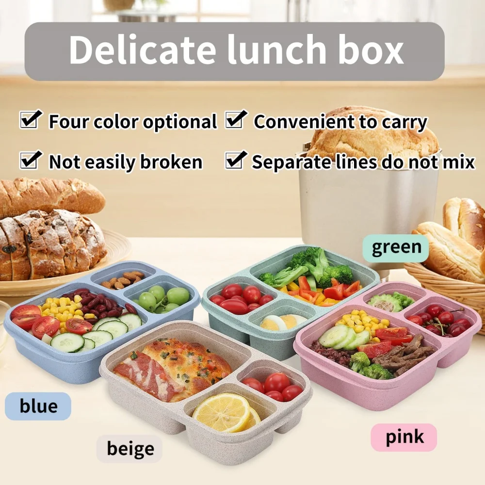 1/4pack Bento Lunch Box Set 3 Compartment Food Storage Containers Wheat Straw Meal Prep Lunch Box Plastic Food Storage Container thumbnail 3