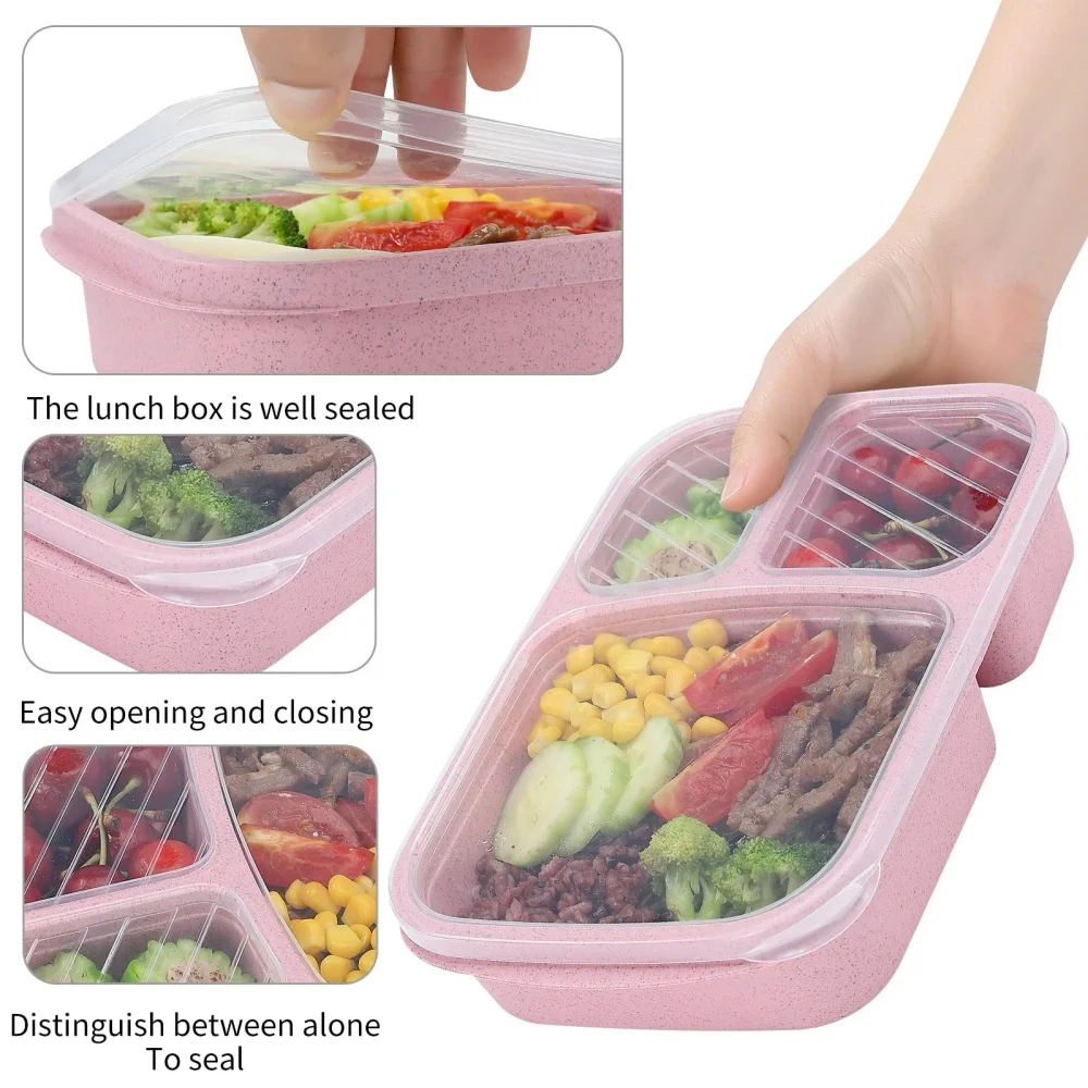 1/4pack Bento Lunch Box Set 3 Compartment Food Storage Containers Wheat Straw Meal Prep Lunch Box Plastic Food Storage Container thumbnail 2