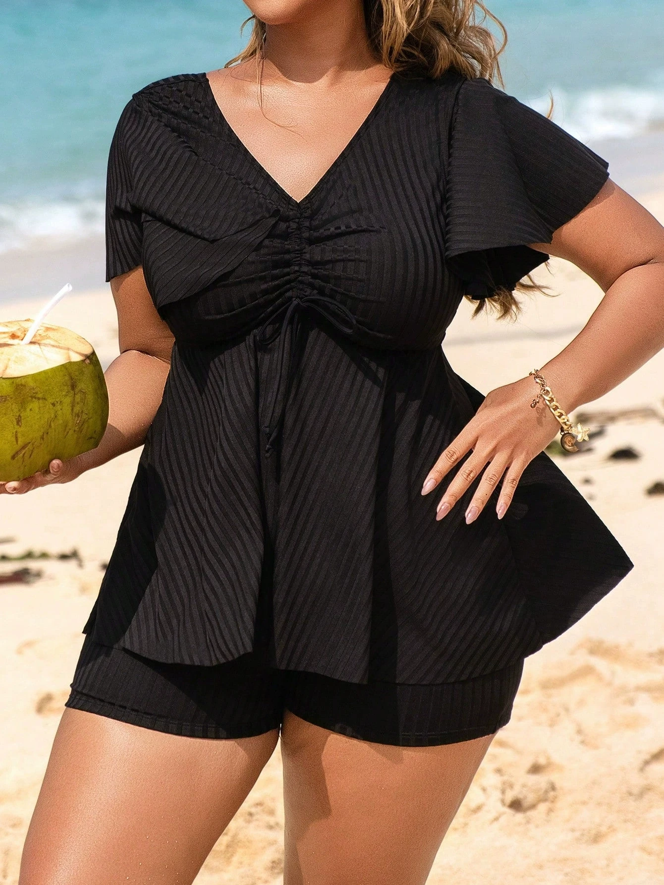 Plus Size Women's Two-Piece Swimsuit  2025 Black Solid Tankini Set High Waist Bathing Suits Swimwear thumbnail 5