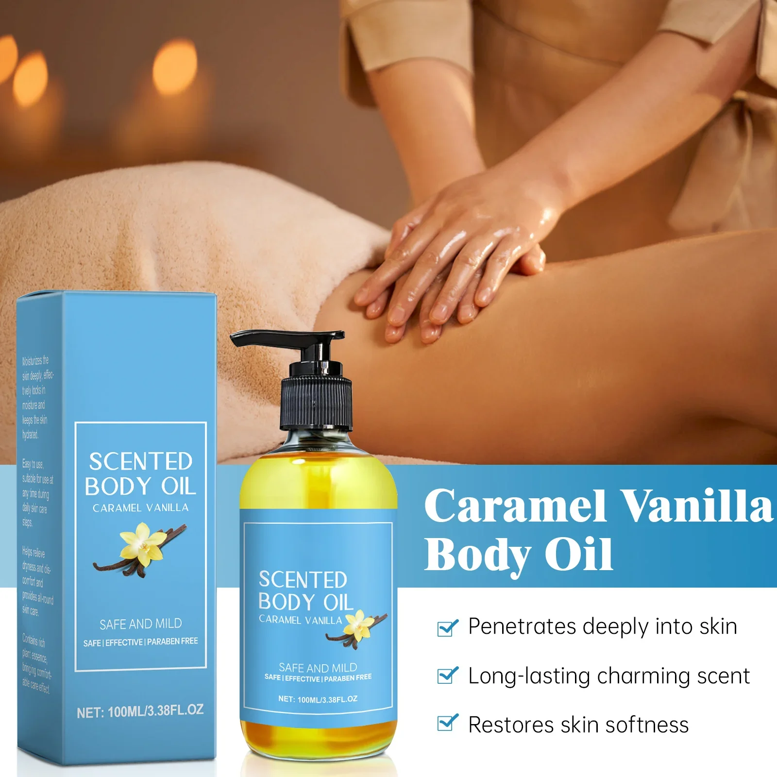 Stress Relief Vanilla Massage Oil - Deeply moisturizes, soothes muscles & promotes relaxation. Herbal bath & body care formula. thumbnail 2