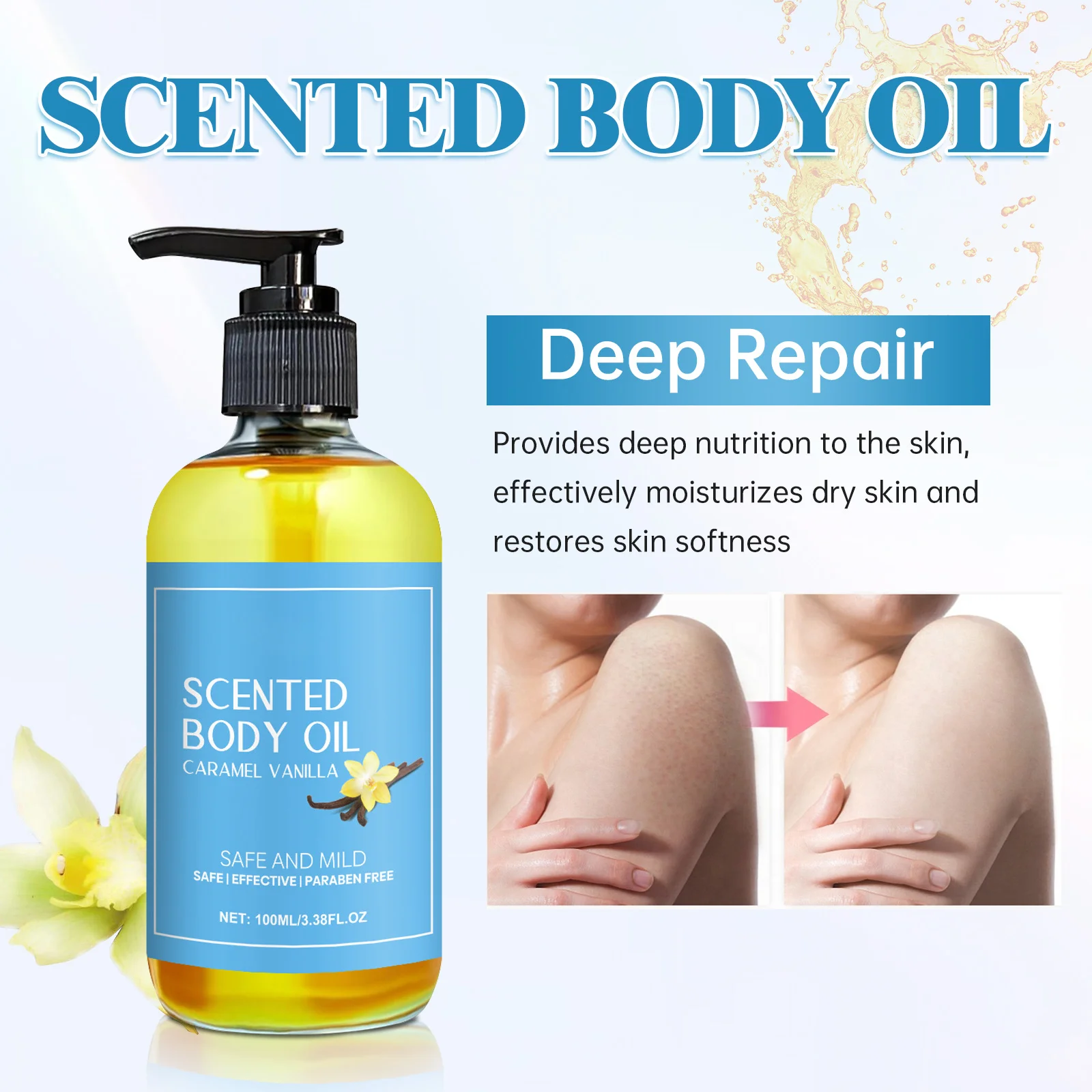 Stress Relief Vanilla Massage Oil - Deeply moisturizes, soothes muscles & promotes relaxation. Herbal bath & body care formula. thumbnail 4