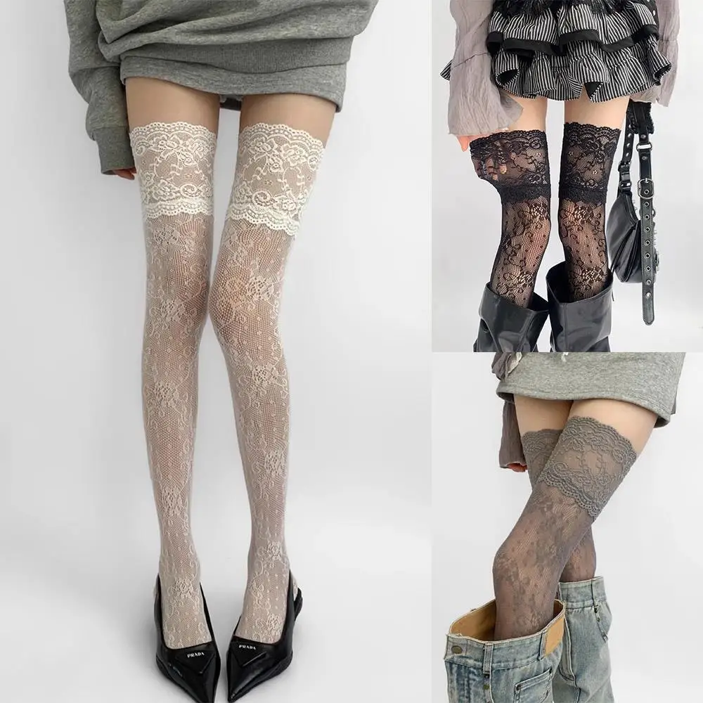 Y2K Women's Sexy Lace Floral Fishnet Stockings Costumes JK Lolita Thigh High Socks Lace Trim Mesh Breathable Over Knee Stockings thumbnail 3