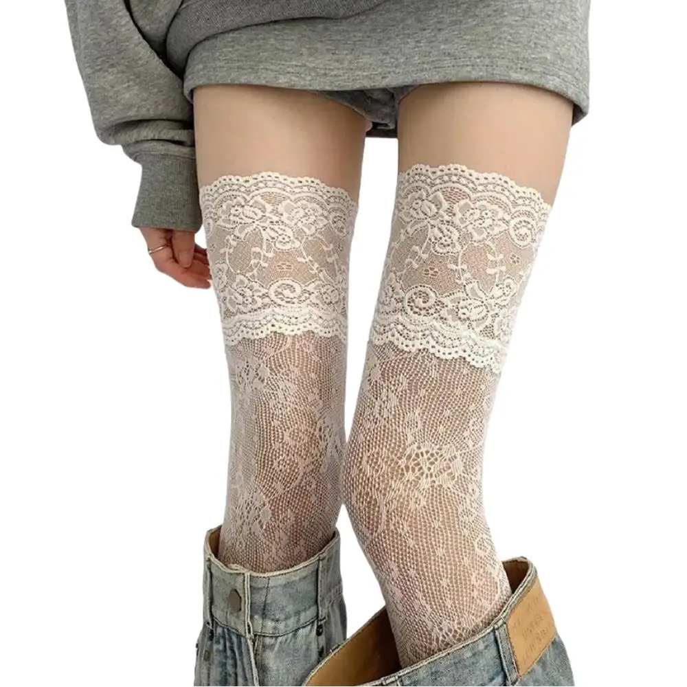 Y2K Women's Sexy Lace Floral Fishnet Stockings Costumes JK Lolita Thigh High Socks Lace Trim Mesh Breathable Over Knee Stockings thumbnail 4