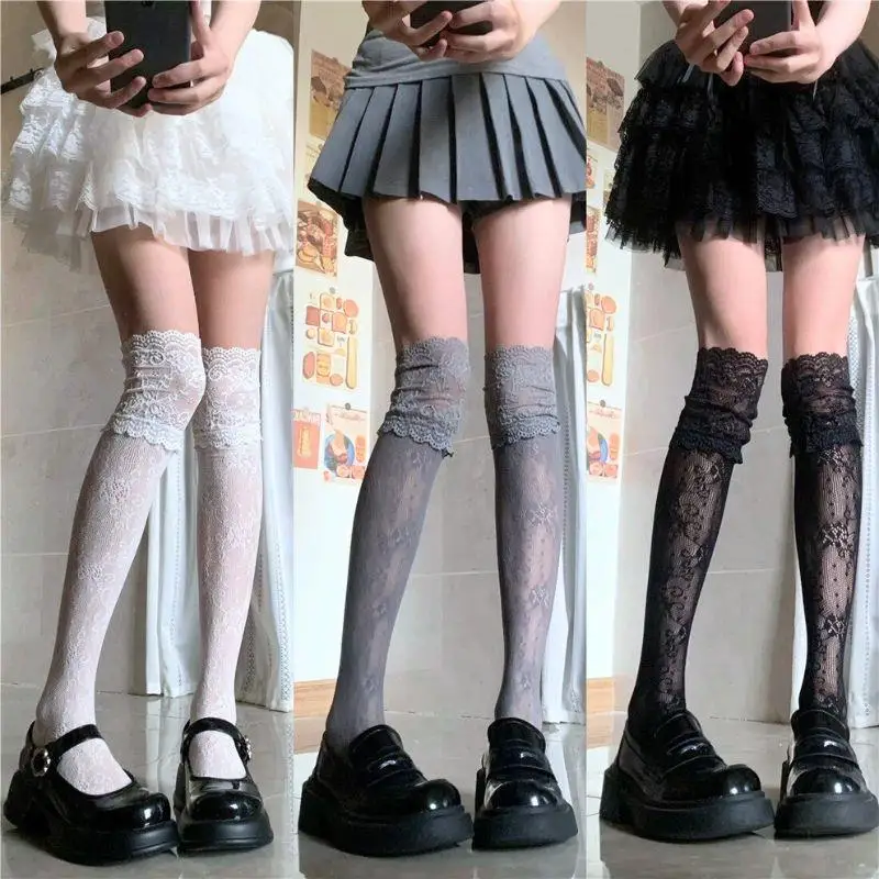 Y2K Women's Sexy Lace Floral Fishnet Stockings Costumes JK Lolita Thigh High Socks Lace Trim Mesh Breathable Over Knee Stockings thumbnail 2