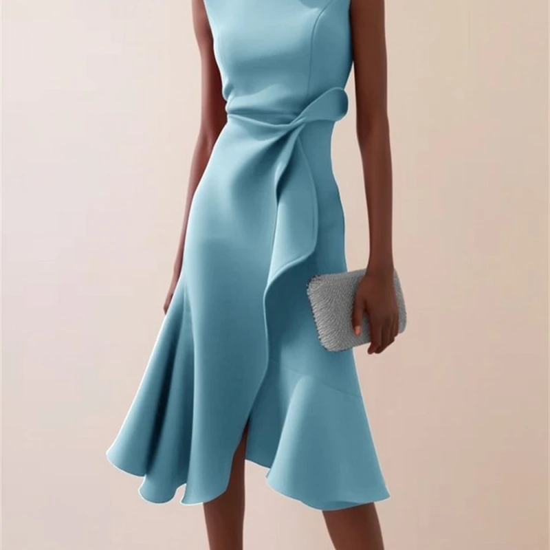 Women Sleeveless Solid Color Round Neck Midi Dress Elegant Slim Fit Formal Party Outfit Fashion 2025 New Arrival thumbnail 6