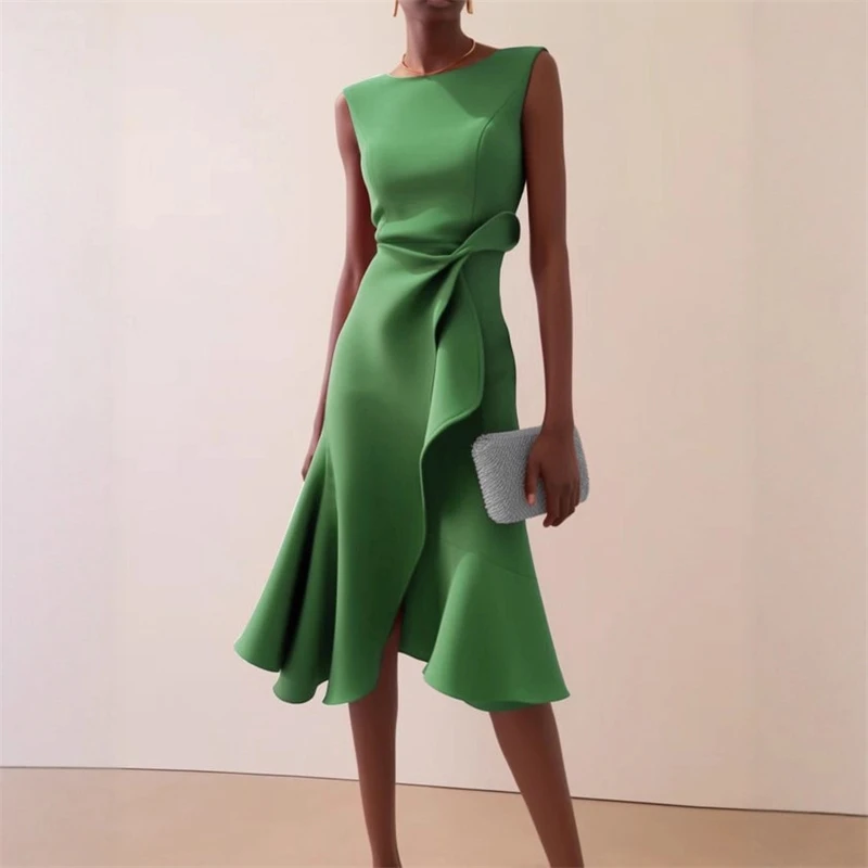 Women Sleeveless Solid Color Round Neck Midi Dress Elegant Slim Fit Formal Party Outfit Fashion 2025 New Arrival thumbnail 2