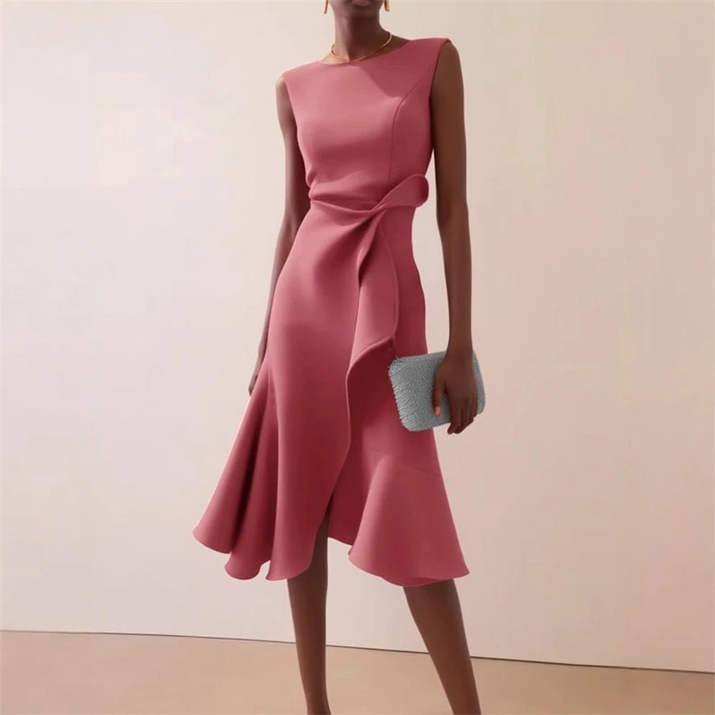 Women Sleeveless Solid Color Round Neck Midi Dress Elegant Slim Fit Formal Party Outfit Fashion 2025 New Arrival thumbnail 5