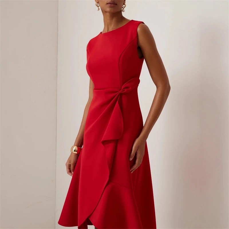 Women Sleeveless Solid Color Round Neck Midi Dress Elegant Slim Fit Formal Party Outfit Fashion 2025 New Arrival thumbnail 3