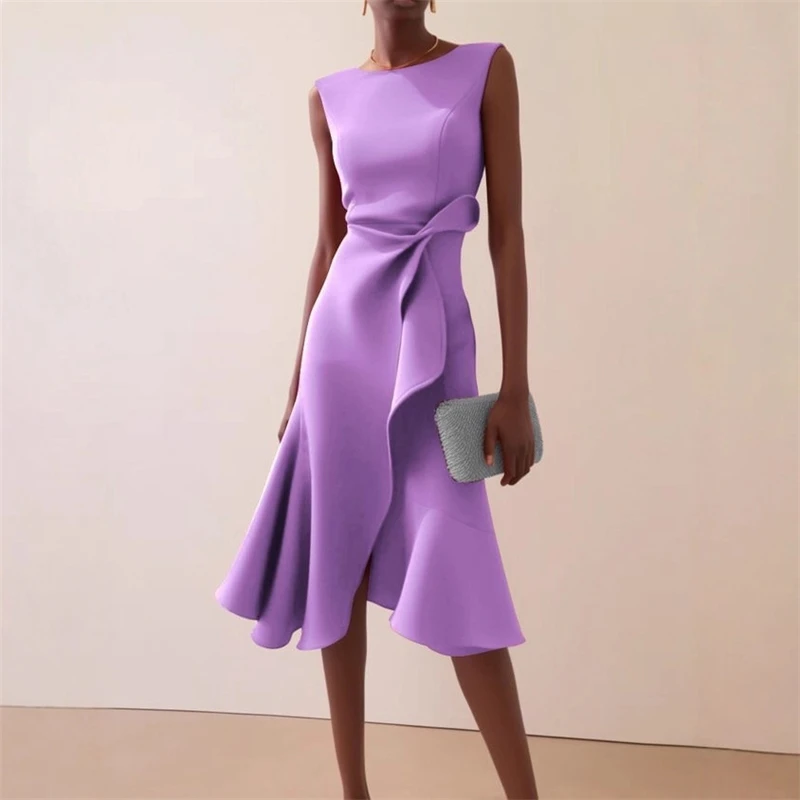 Women Sleeveless Solid Color Round Neck Midi Dress Elegant Slim Fit Formal Party Outfit Fashion 2025 New Arrival thumbnail 4
