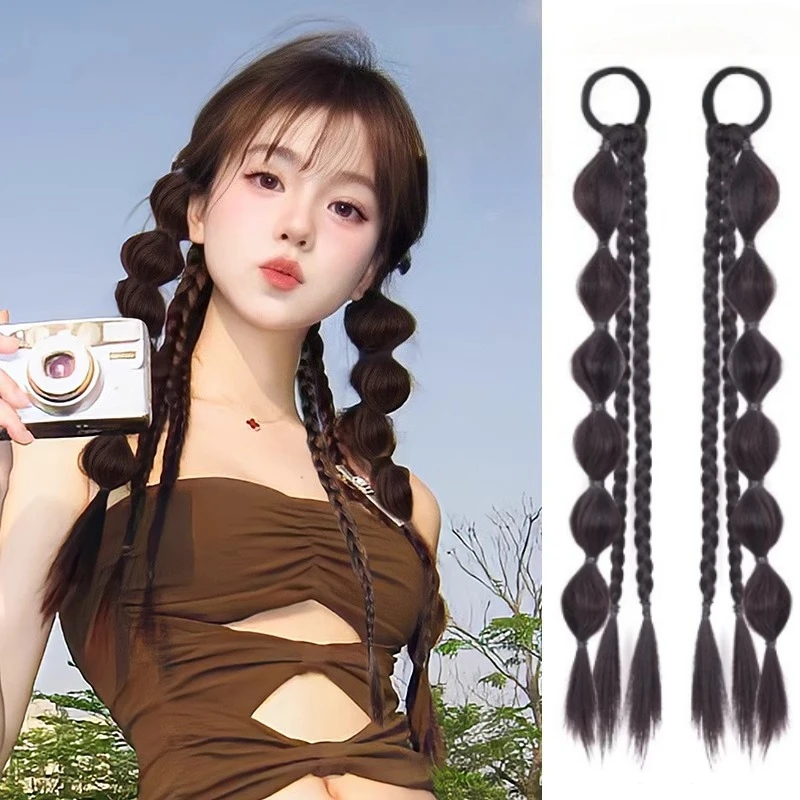 Bubble Braided Ponytail Synthetic Wig Extension Hair Accessories for Women with Hair Tie Braid Ponytail Boxing Twist Hair Pieces