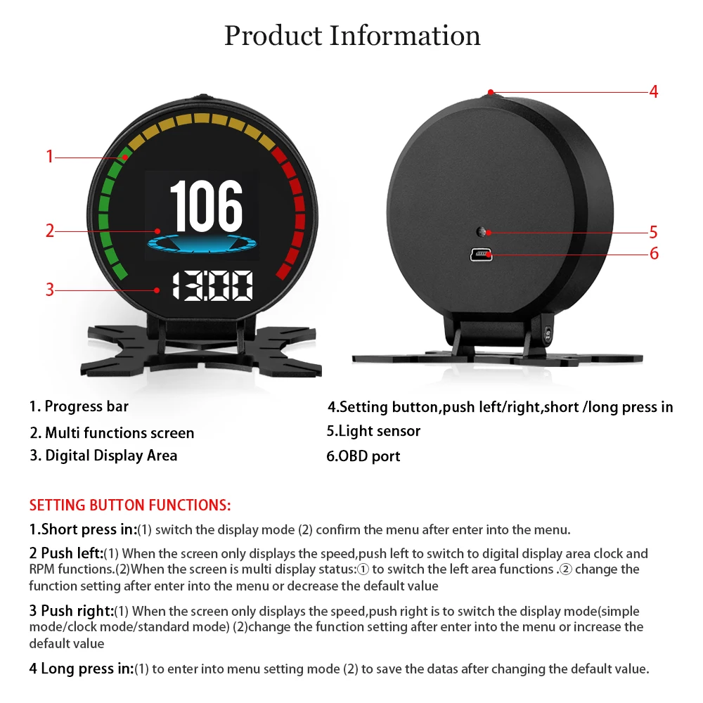 OBDⅡ head-up display P15 Smart Digital Meter OBD2 Speedometer Voltage Boost Turbine Pressure Oil Water Temp Gauge Y03 GPS HUD thumbnail 4