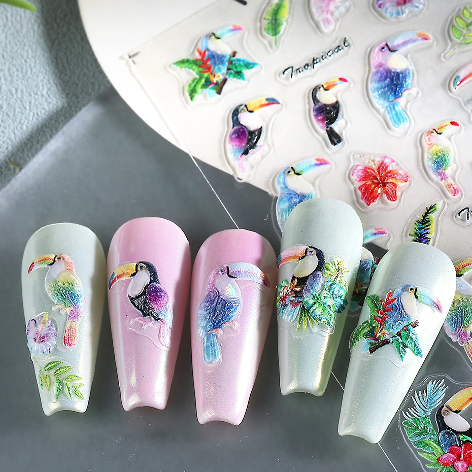 1/2pcs 5D Embossed Parrot Bird Nail Art Stickers Tropical Leaf Flower Flamingo Design Nail Decals Decoration DIY Manicure Slider thumbnail 4