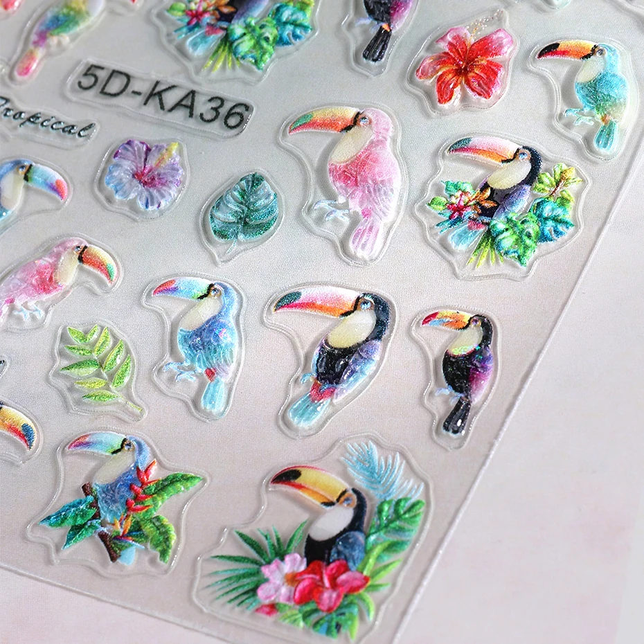 1/2pcs 5D Embossed Parrot Bird Nail Art Stickers Tropical Leaf Flower Flamingo Design Nail Decals Decoration DIY Manicure Slider thumbnail 3