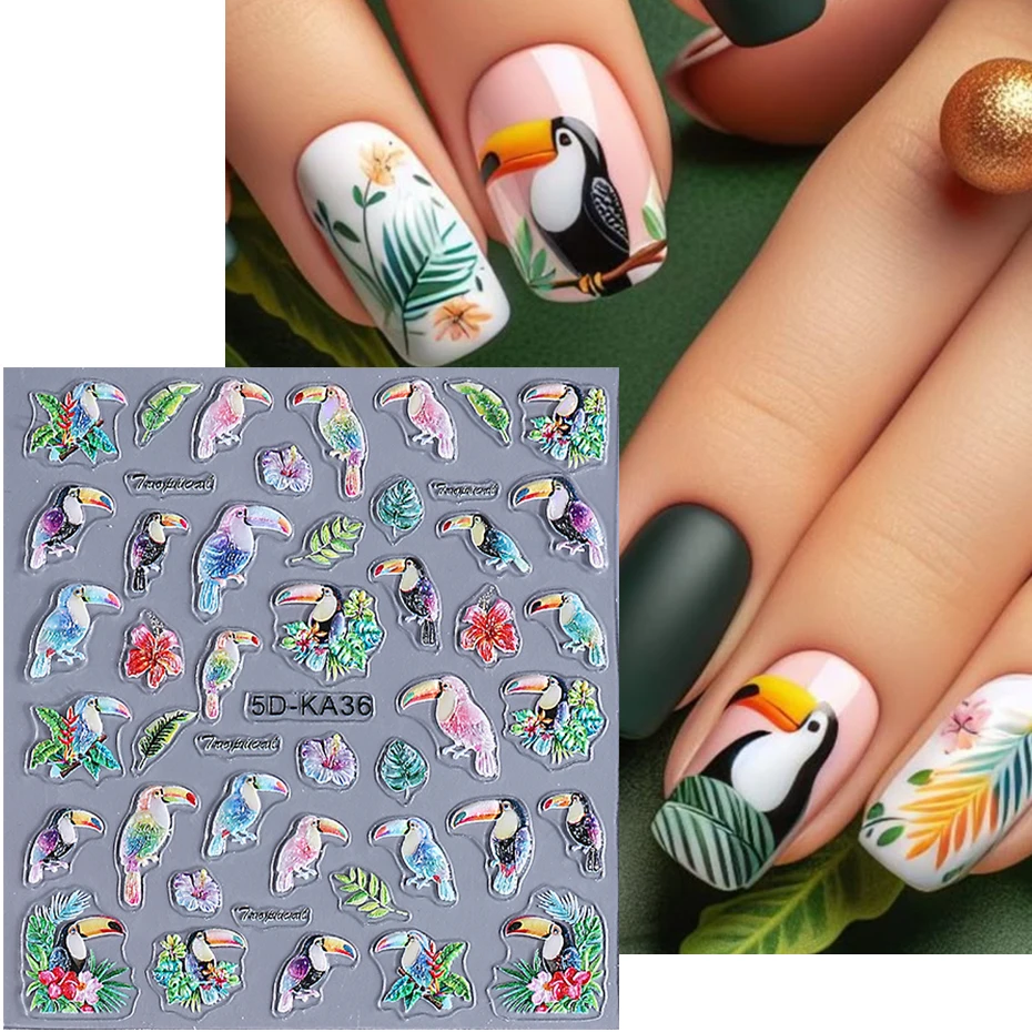 1/2pcs 5D Embossed Parrot Bird Nail Art Stickers Tropical Leaf Flower Flamingo Design Nail Decals Decoration DIY Manicure Slider thumbnail 2