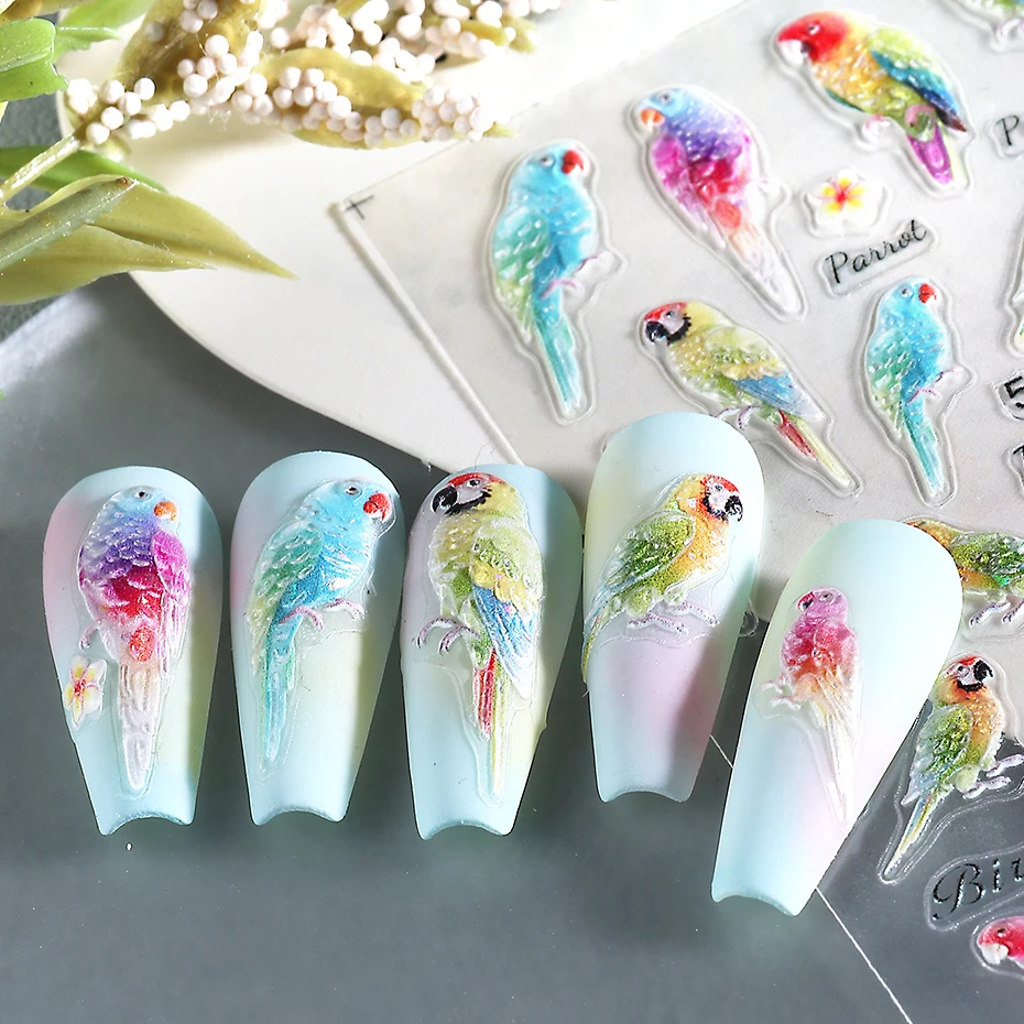 1/2pcs 5D Embossed Parrot Bird Nail Art Stickers Tropical Leaf Flower Flamingo Design Nail Decals Decoration DIY Manicure Slider thumbnail 5