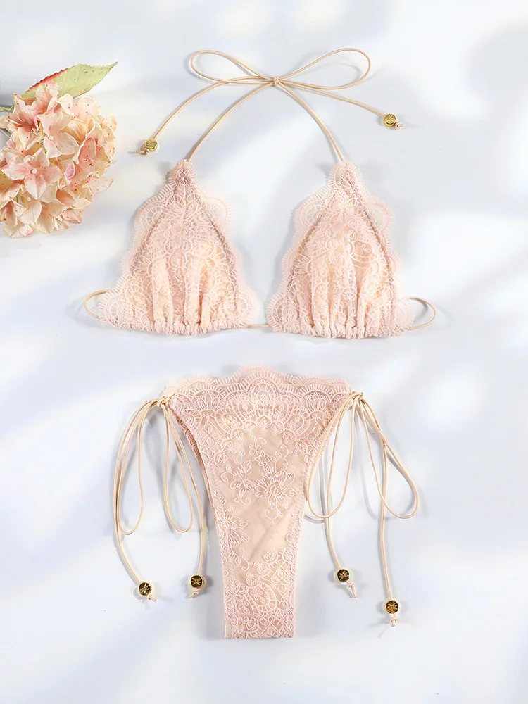 Sexy Hollow Lace Bikinis Patchwork Swimsuit Women Bathing Suits Bandage Swimwear Mujer Beachwear Triangle Bikini Set thumbnail 2