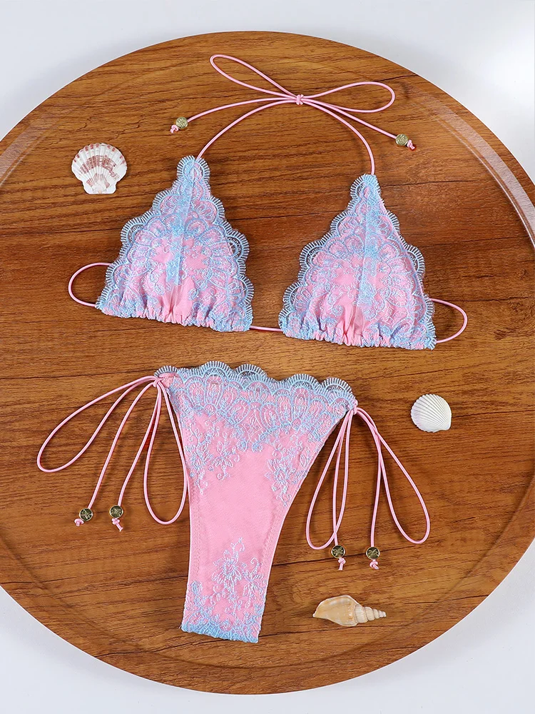 Sexy Hollow Lace Bikinis Patchwork Swimsuit Women Bathing Suits Bandage Swimwear Mujer Beachwear Triangle Bikini Set thumbnail 5