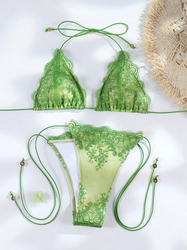 Sexy Hollow Lace Bikinis Patchwork Swimsuit Women Bathing Suits Bandage Swimwear Mujer Beachwear Triangle Bikini Set thumbnail 3