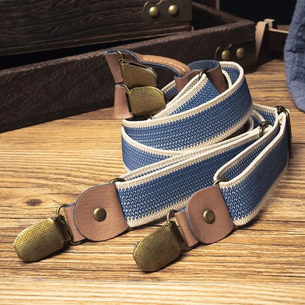 Retro Design British Style Suspenders Elastic Strap 4 Clips Metal Clip Suspenders Brown Color Unisex Style Y-Type Suspenders thumbnail 2