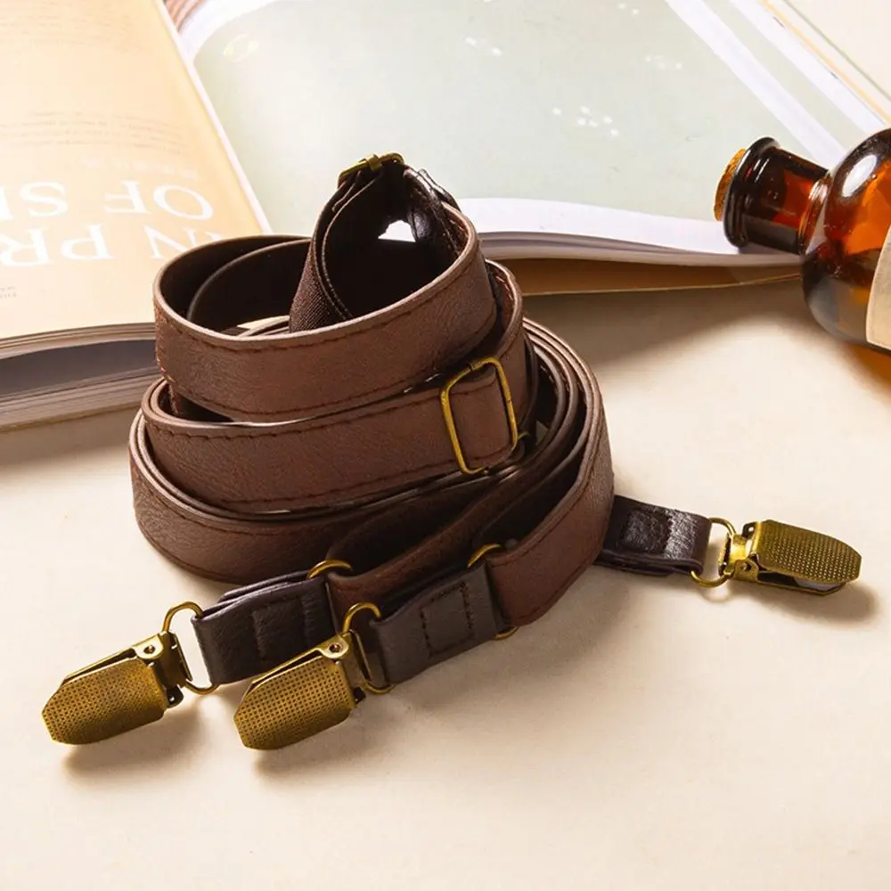 Retro Design British Style Suspenders Elastic Strap 4 Clips Metal Clip Suspenders Brown Color Unisex Style Y-Type Suspenders thumbnail 3