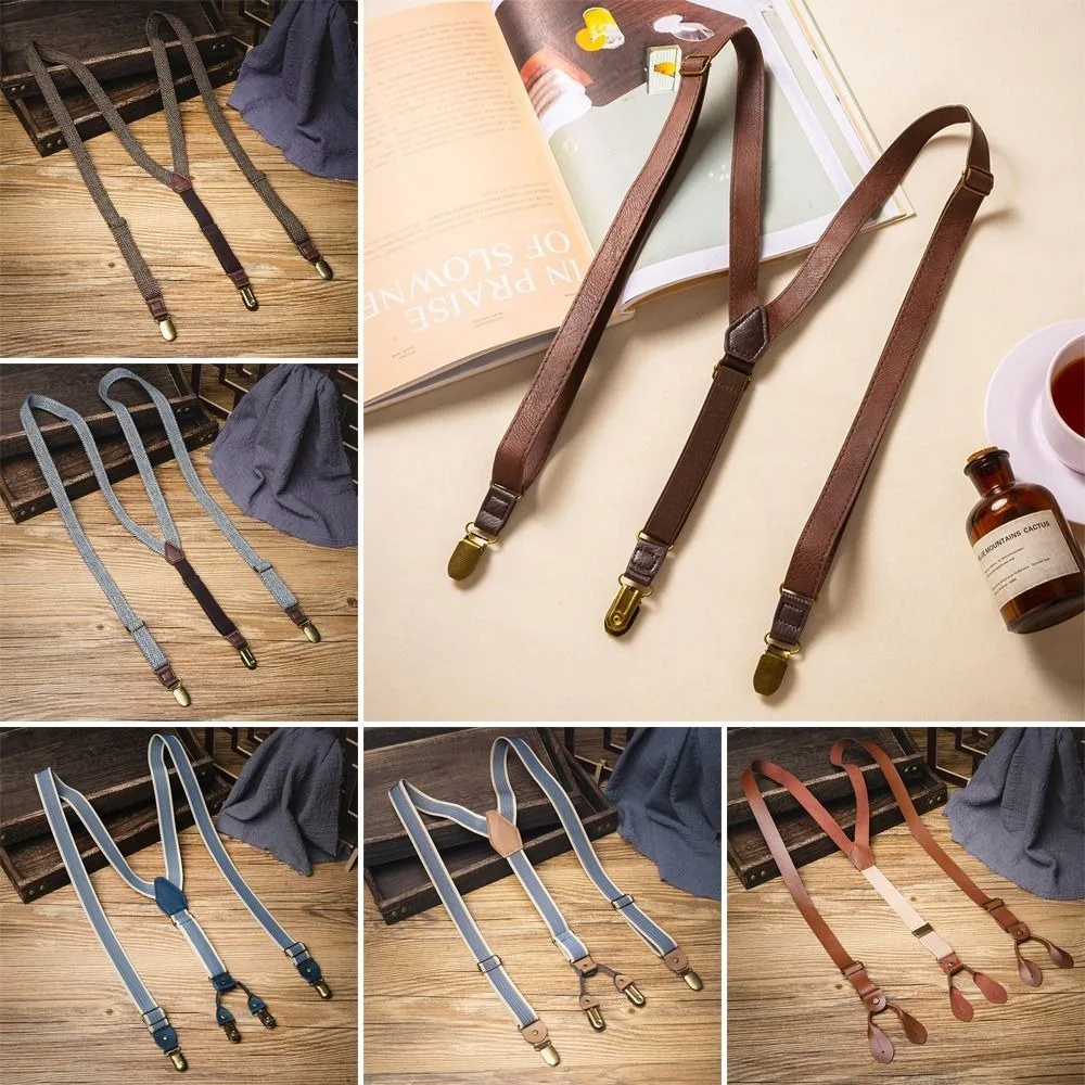 Retro Design British Style Suspenders Elastic Strap 4 Clips Metal Clip Suspenders Brown Color Unisex Style Y-Type Suspenders